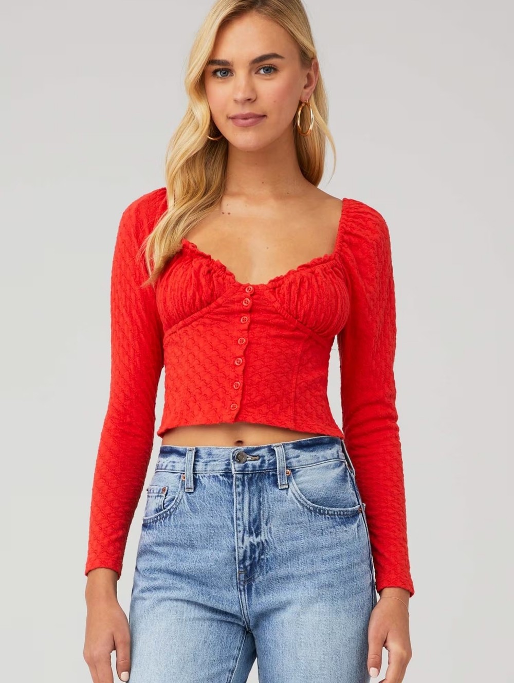 Free People Size L Red Ladybug Button  Long Sleeve Knit Milkmaid Knit Top Flambe